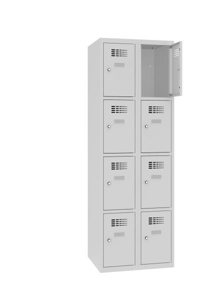 Ein lichtgrauer Fächerschrank mit zwei Abteilen und acht Fächern mit jeweils einer Tür. Die obere rechte Tür ist geöffnet, während der Schrank vor einem weißen Hintergrund steht.